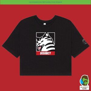 Disobey Cat Shepard Fairey Obey Giant Parody Boxy Crop Tee T-Shirt BLACK